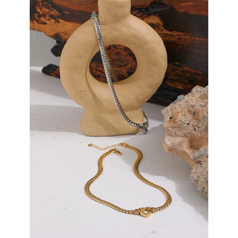 Collier en forme de cœur, en acier inoxydable, collier plat