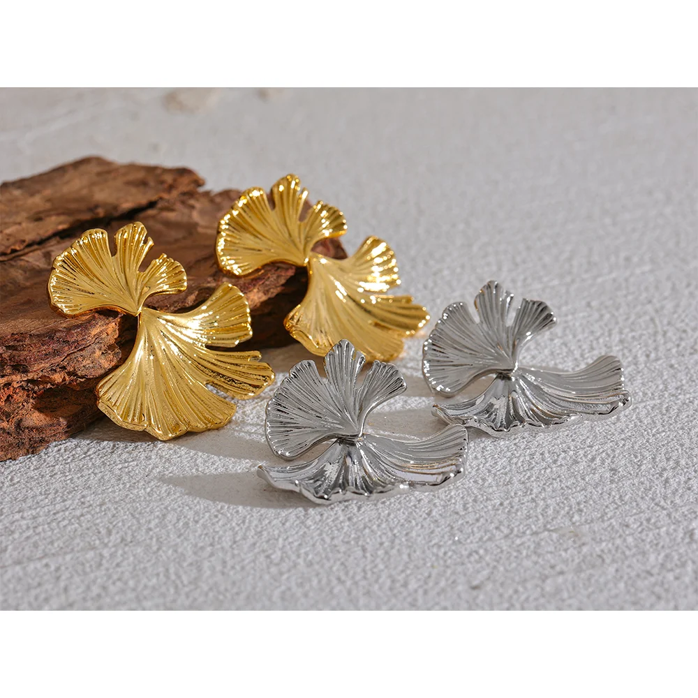 Boucles d'oreilles feuille de Ginkgo en acier inoxydable plaqué or 18K, bijoux tendance