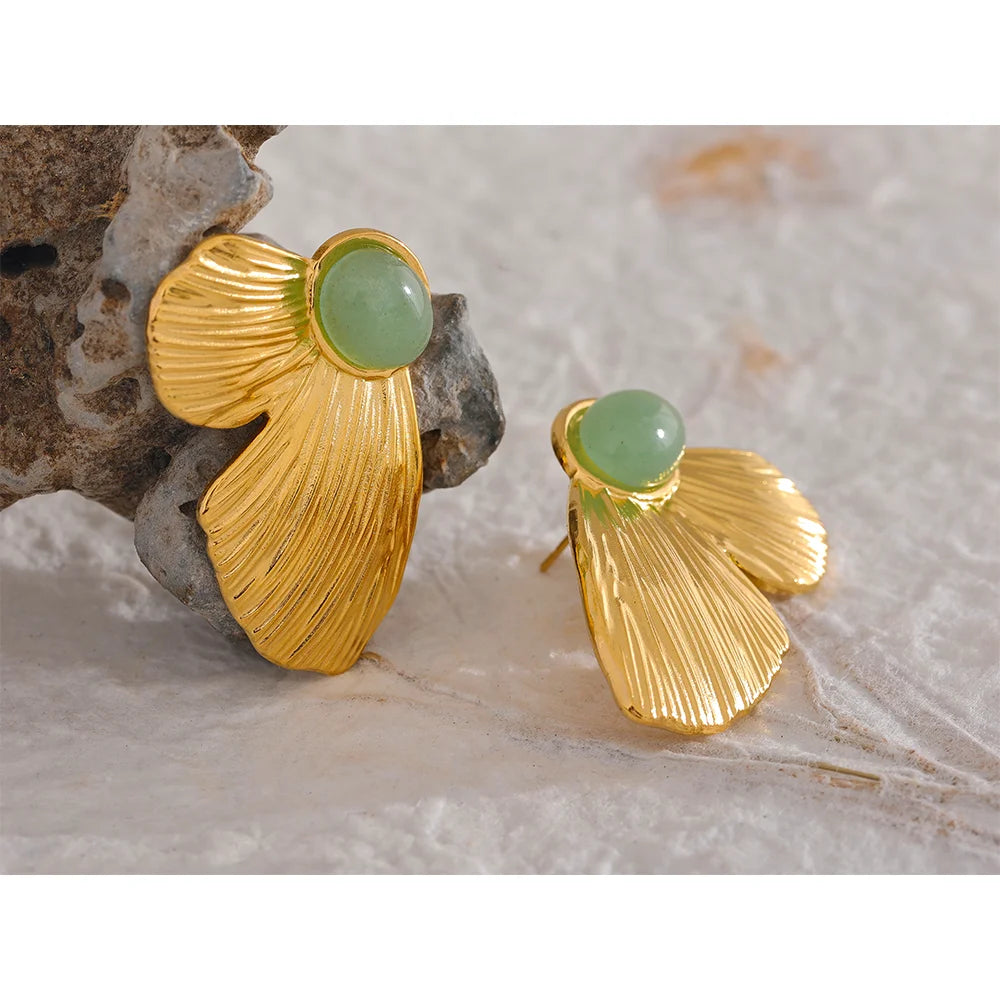 Boucles d'oreilles en forme d'aile de papillon en acier inoxydable, pierre naturelle verte