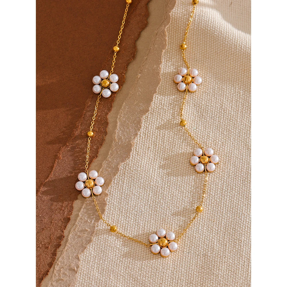 Collier perles d'imitation, fleur de perle en acier inoxydable