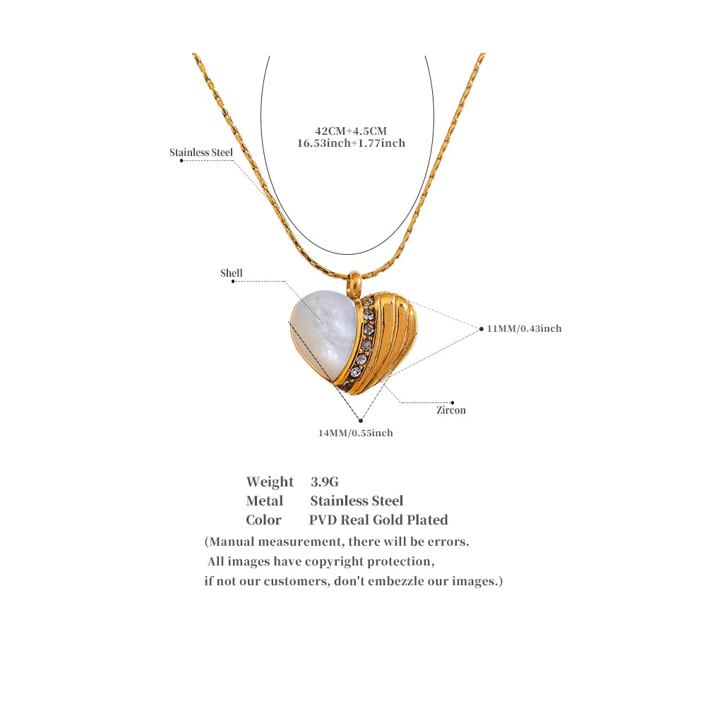 Collier en acier inoxydable avec pendentif en forme de cœur, coquille naturelle, romance