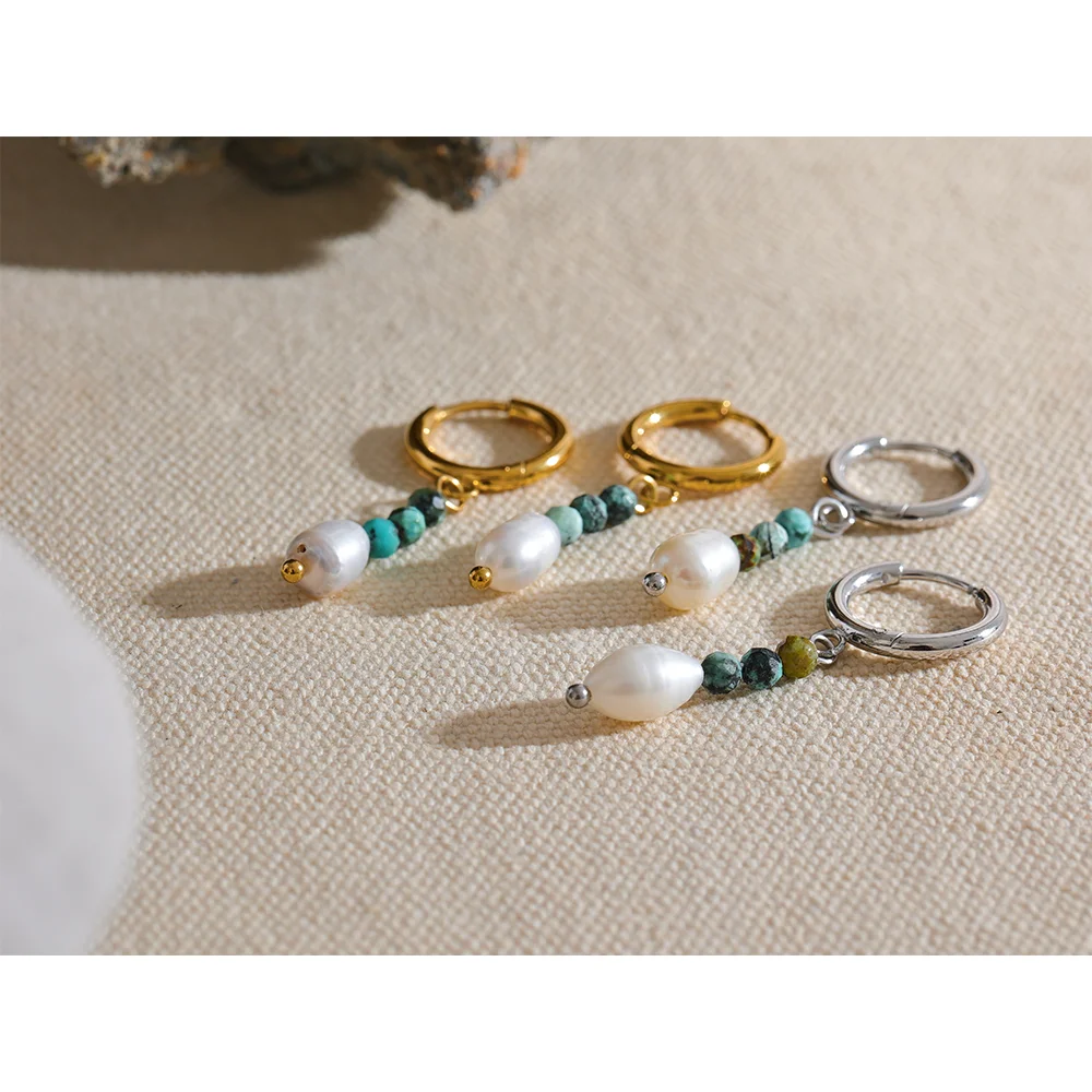 Boucles d'oreilles en acier inoxydable, pierre naturelle d'eau douce, bijoux fait main