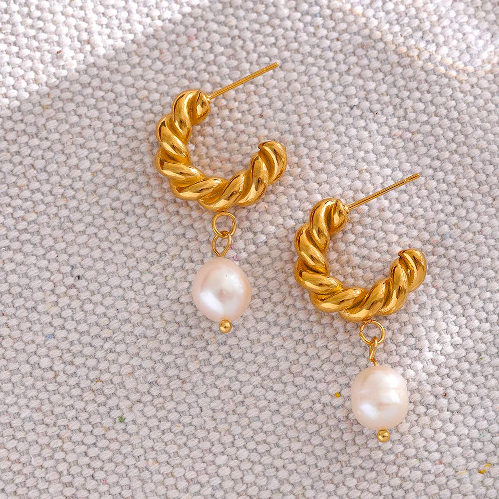 Boucles d'oreilles perle naturelle en acier inoxydable, texture torsadée, bijoux élégants