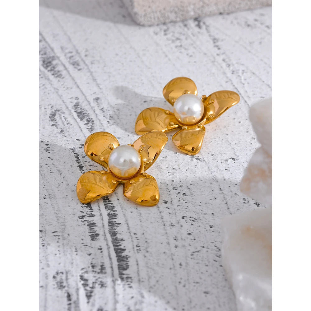 Boucles d'oreilles fleurs en acier inoxydable, couleur rouille, imitation perle