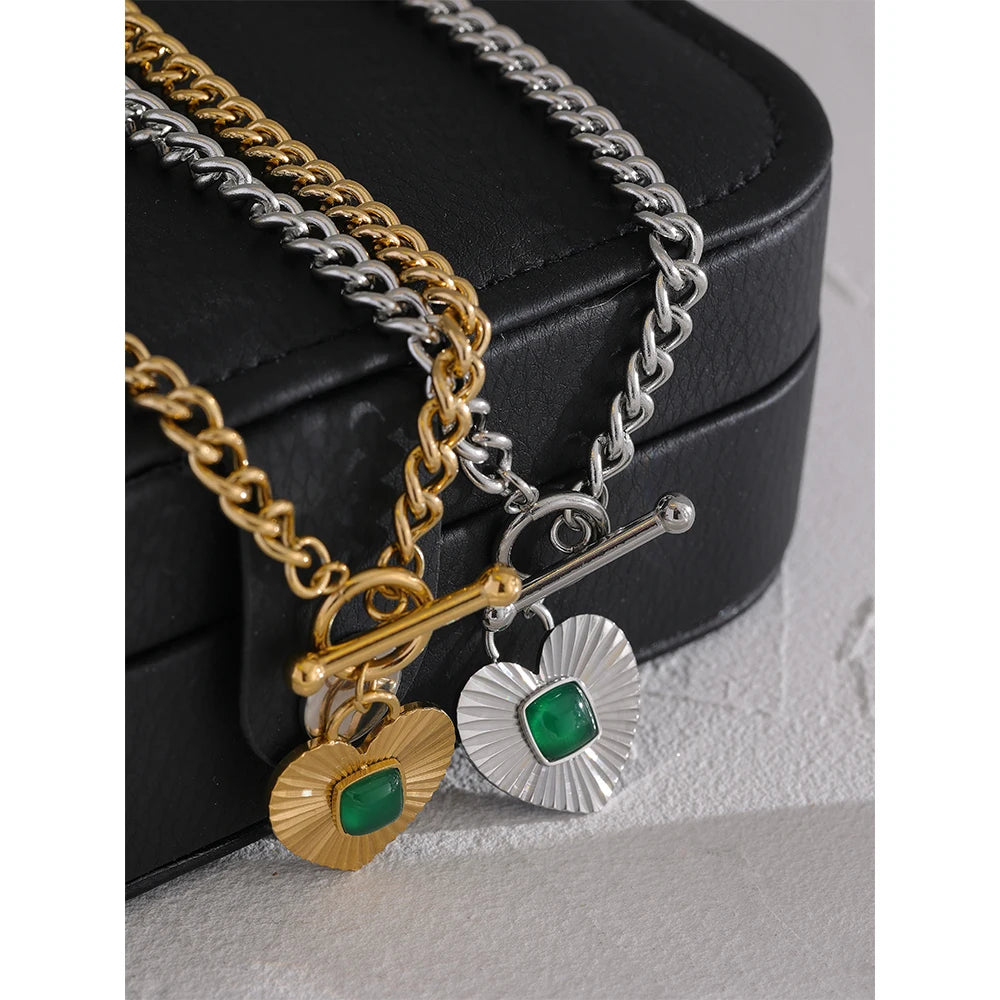 Collier pendentif cœur en acier inoxydable, agate verte, pierre naturelle