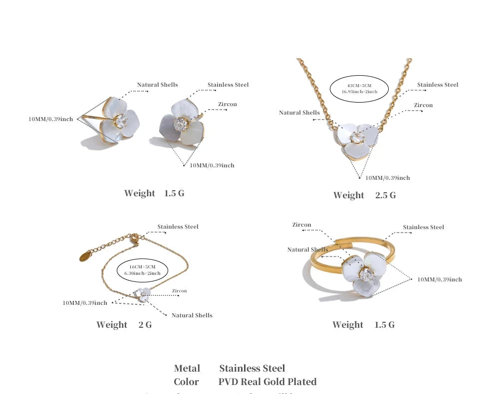 Ensemble de boucles d'oreilles, bague et bracelet en acier inoxydable avec collier et bague en forme de fleur de coquillage naturel