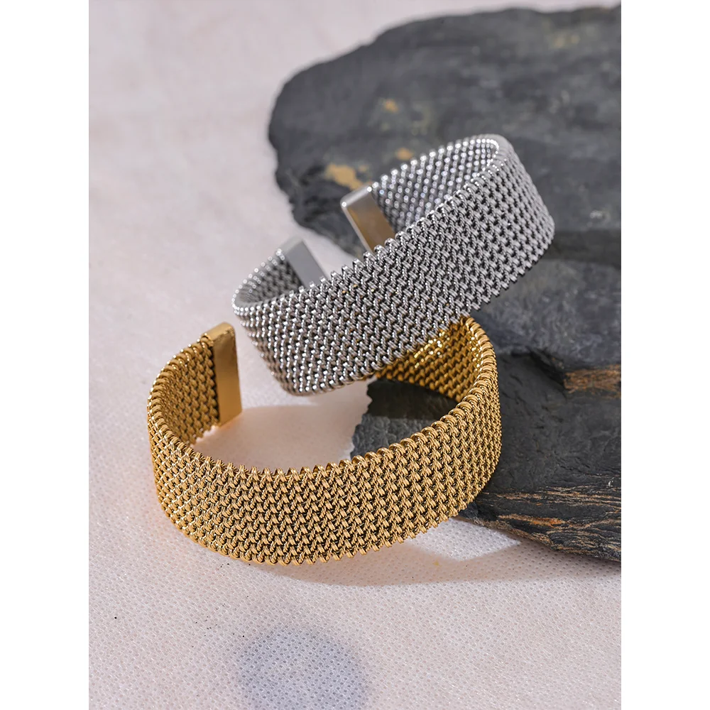 Bracelet manchette large ouvert en acier inoxydable, mode Bergame