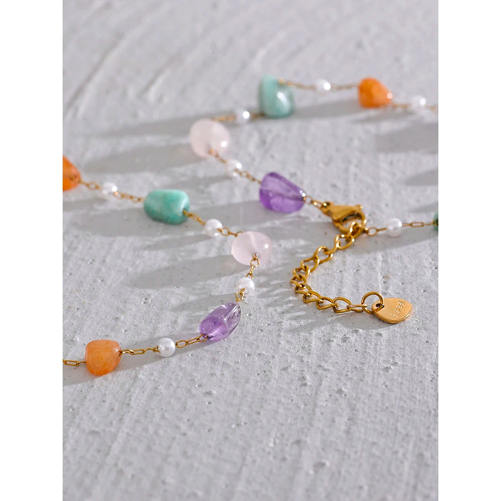 Collier et bracelet en pierre naturelle colorée, acier inoxydable, bijoux tendance