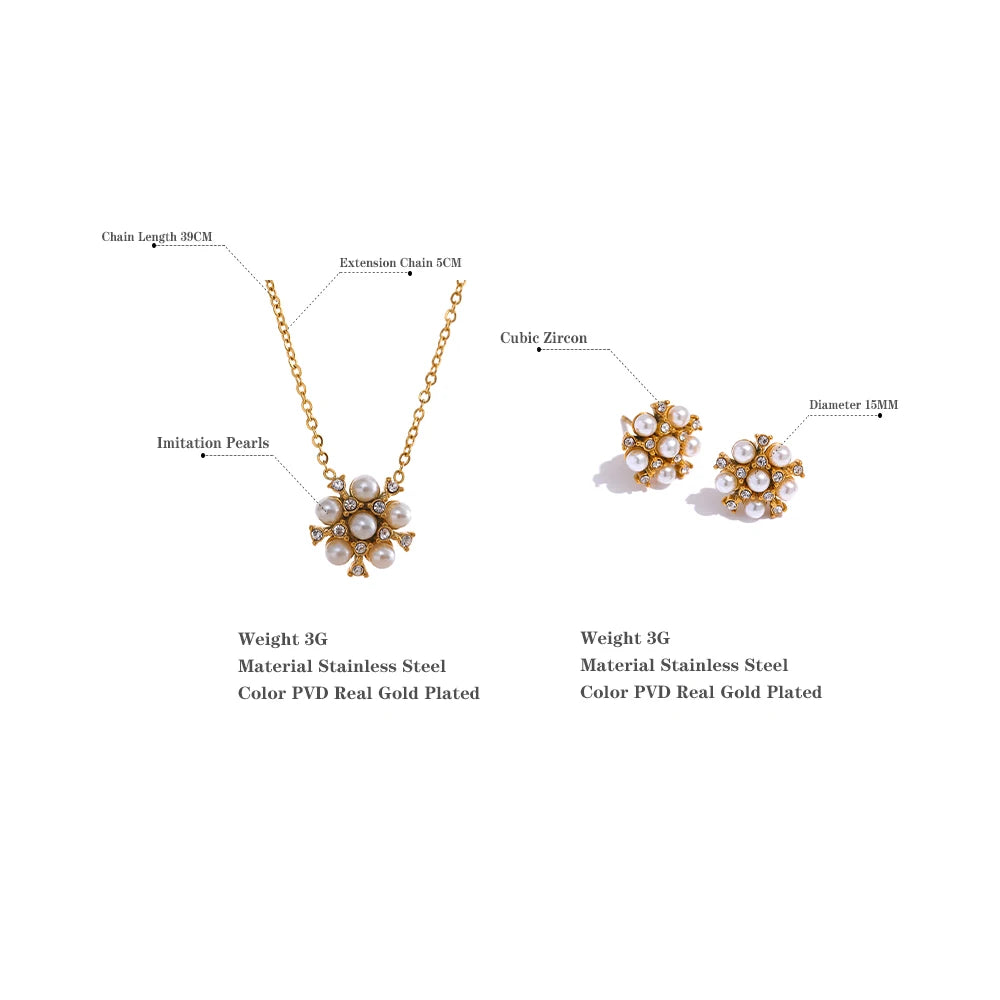 Ensemble de bijoux à la mode avec pendentif en forme de fleur de zircon et perles d'imitation romantiques en acier inoxydable doré