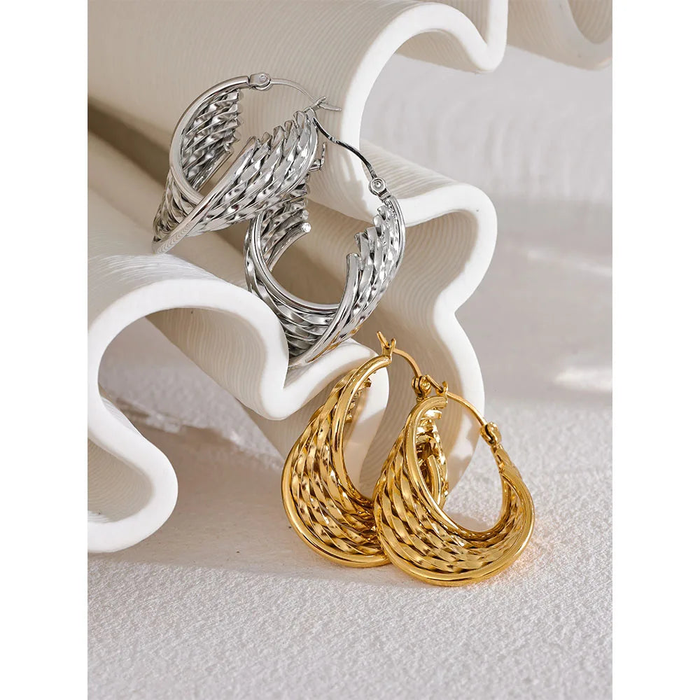 Boucles d'oreilles creuses torsadées en acier inoxydable, style Bergame