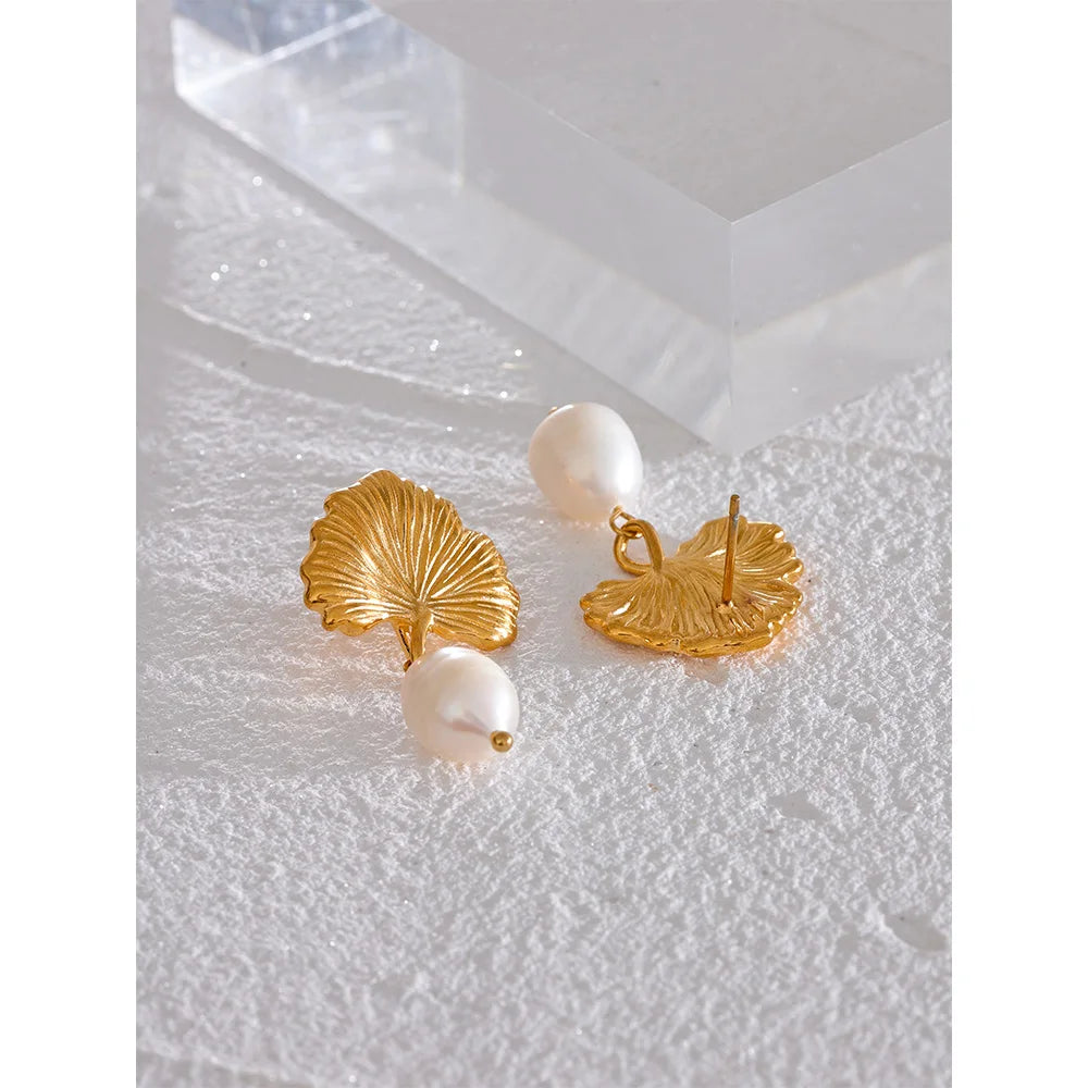 Boucles d'oreilles pendantes en acier inoxydable avec perles naturelles, Ginkgo