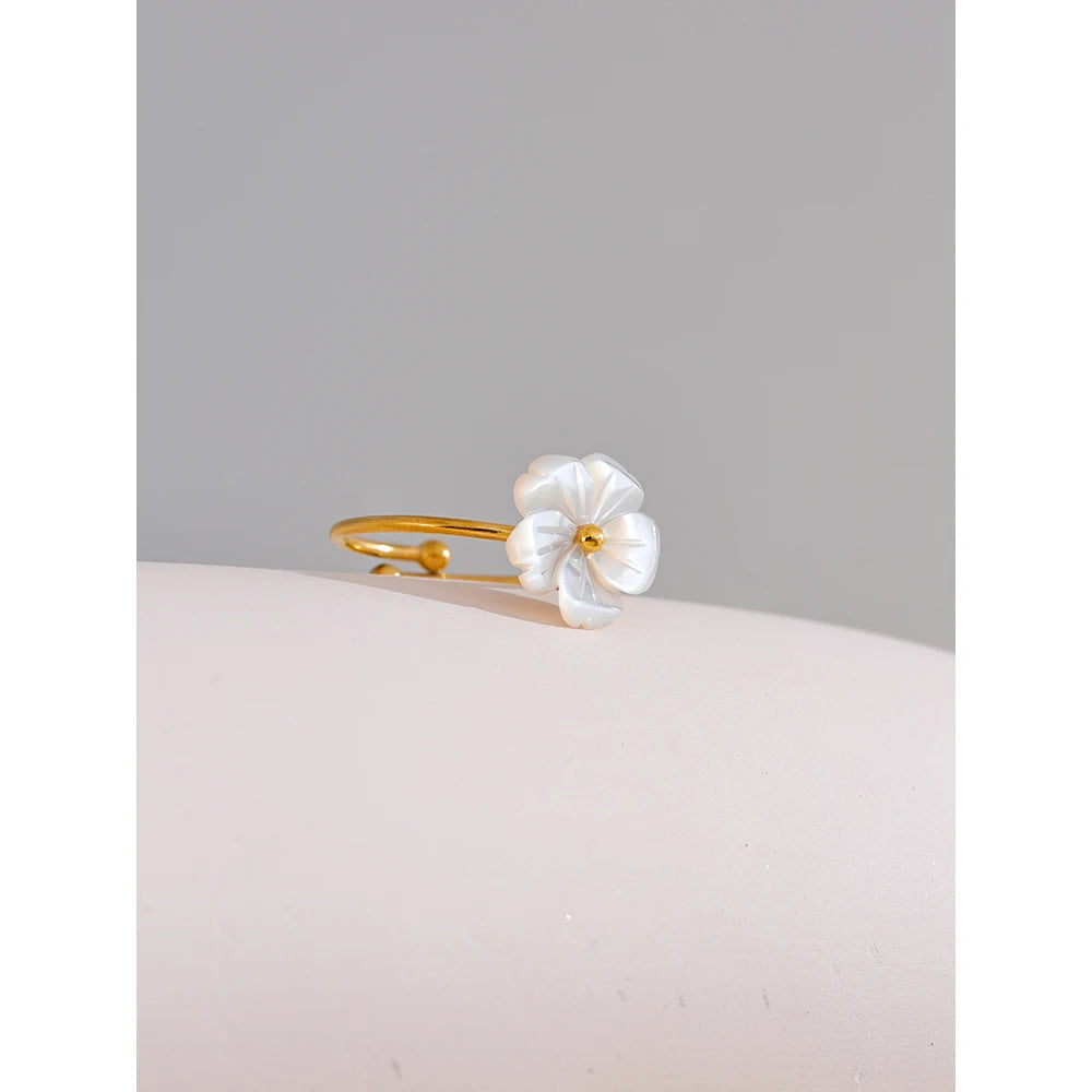 Bague ouverte réglable en forme de fleur de coquillage naturelle, en acier inoxydable