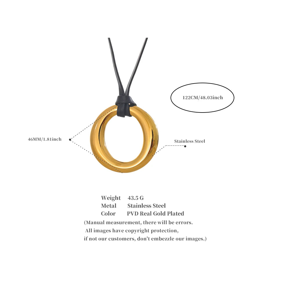 Collier long en cuir PU et acier inoxydable avec pendentif rond tendance minimaliste sans ternissement,  bijou tendance et élégant