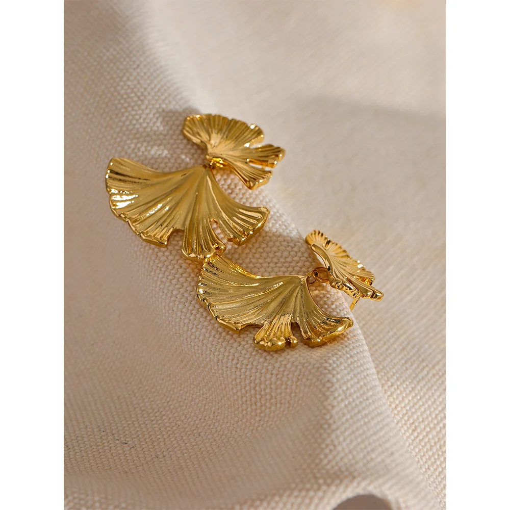 Boucles d'oreilles feuille de Ginkgo en acier inoxydable plaqué or 18K, bijoux tendance