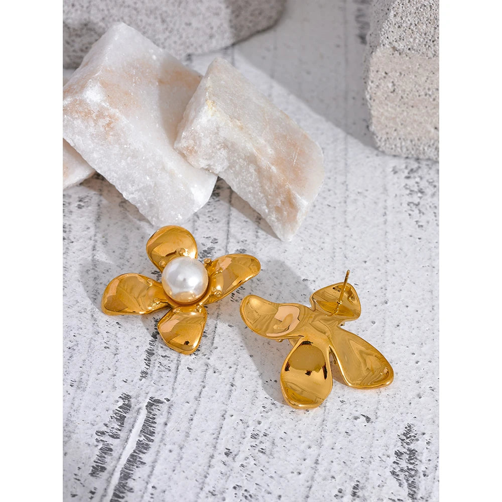 Boucles d'oreilles fleurs en acier inoxydable, couleur rouille, imitation perle